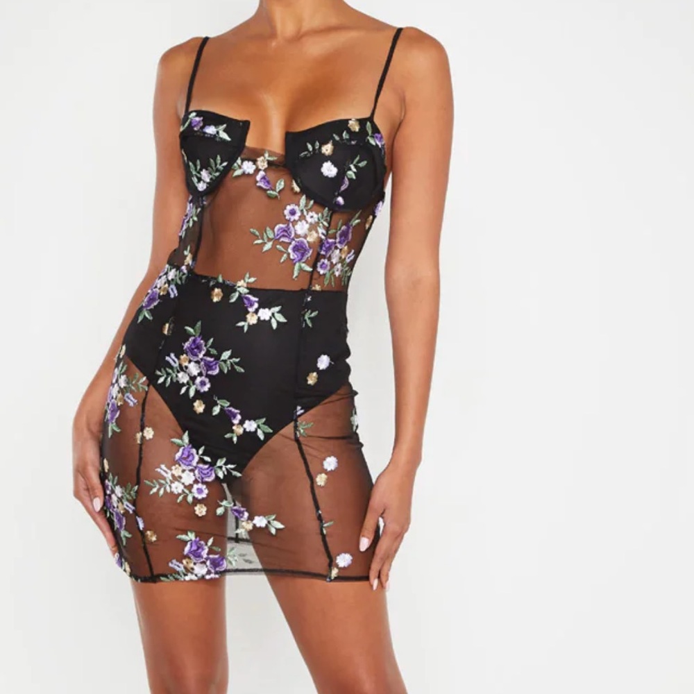Black mesh floral dress